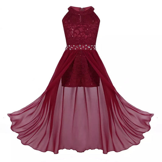 Girls Lace Chiffon Sequin Dipped Hem Dress (Age 6-14yrs) Burgundy