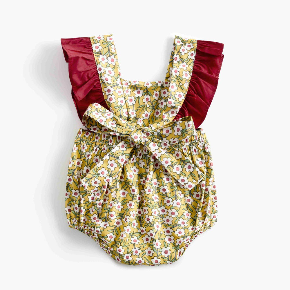 Baby Girls Yellow & Burgundy Floral Print Romper (Age 6M - 24M)