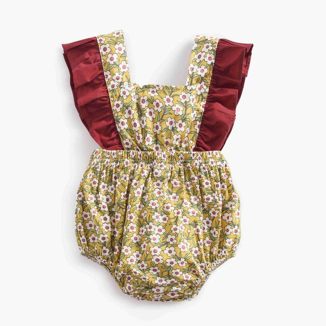 Baby Girls Yellow & Burgundy Floral Print Romper (Age 6M - 24M)