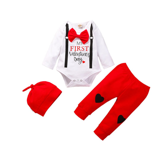 Baby Boys 1st Valentines Bodysuit Trousers & Hat Set (6m-12m) Red