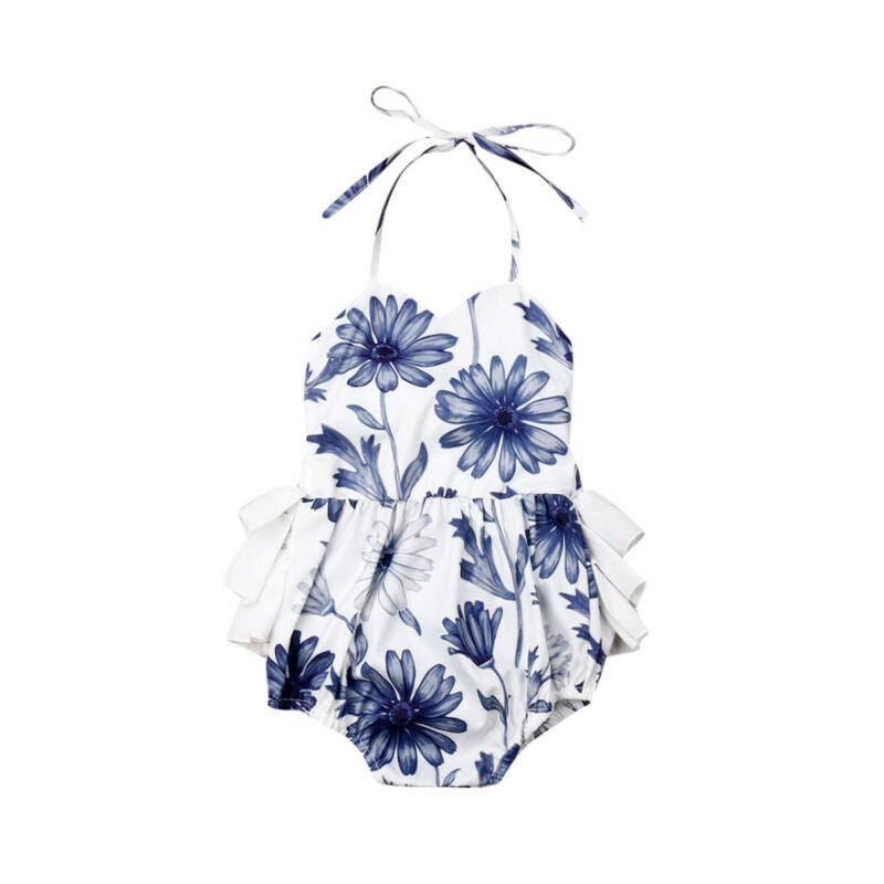 Baby Girls White & Blue Ruffle Romper (Age 6m-24m) Blue