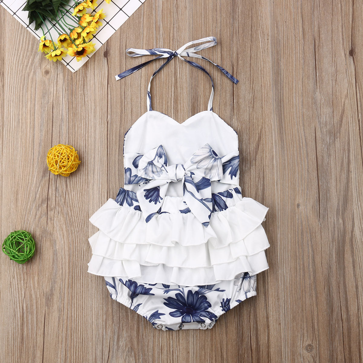 Baby Girls White & Blue Ruffle Romper (Age 6m-24m)