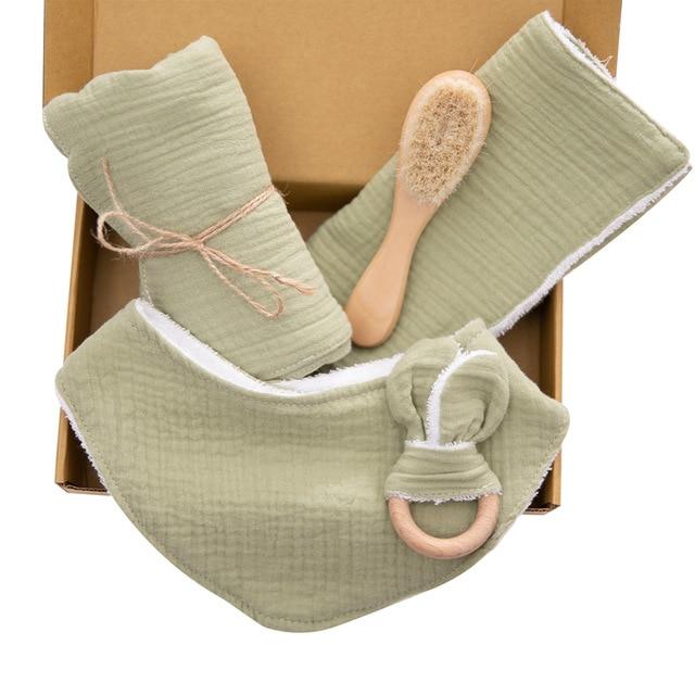 Baby Receiving Blanket & Teething Rattle Gift Set Multi Mustard green