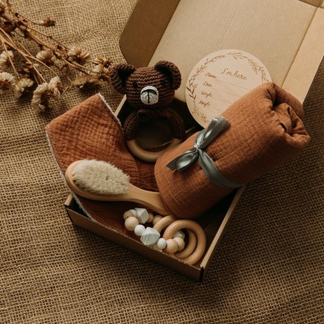 Baby Receiving Blanket & Teething Rattle Gift Set Multi Bear