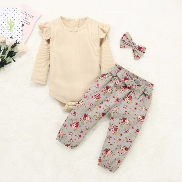 Baby Girls Beige Bodysuit & Grey Floral Trousers Set (Age Newborn -18m) Beige